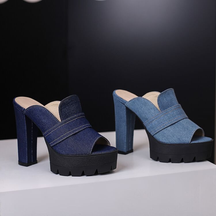 Denim Heel Washed Chunky Sandals