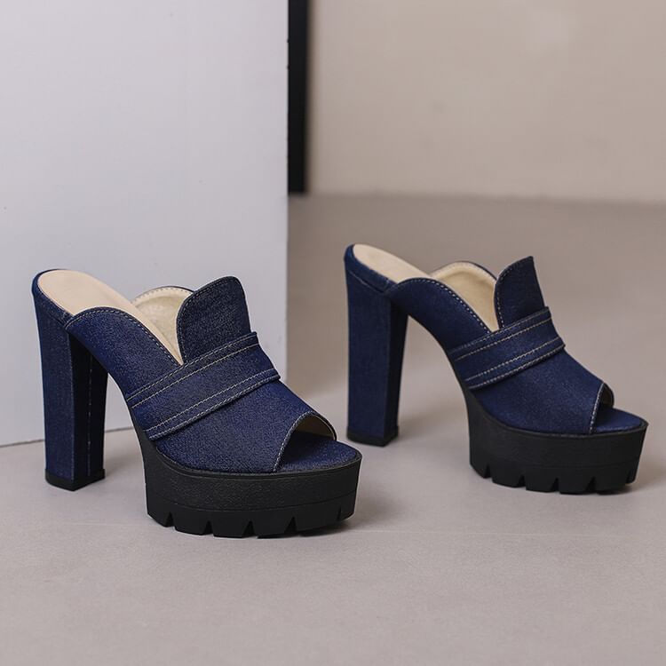 Denim Heel Washed Chunky Sandals