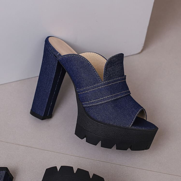 Denim Heel Washed Chunky Sandals