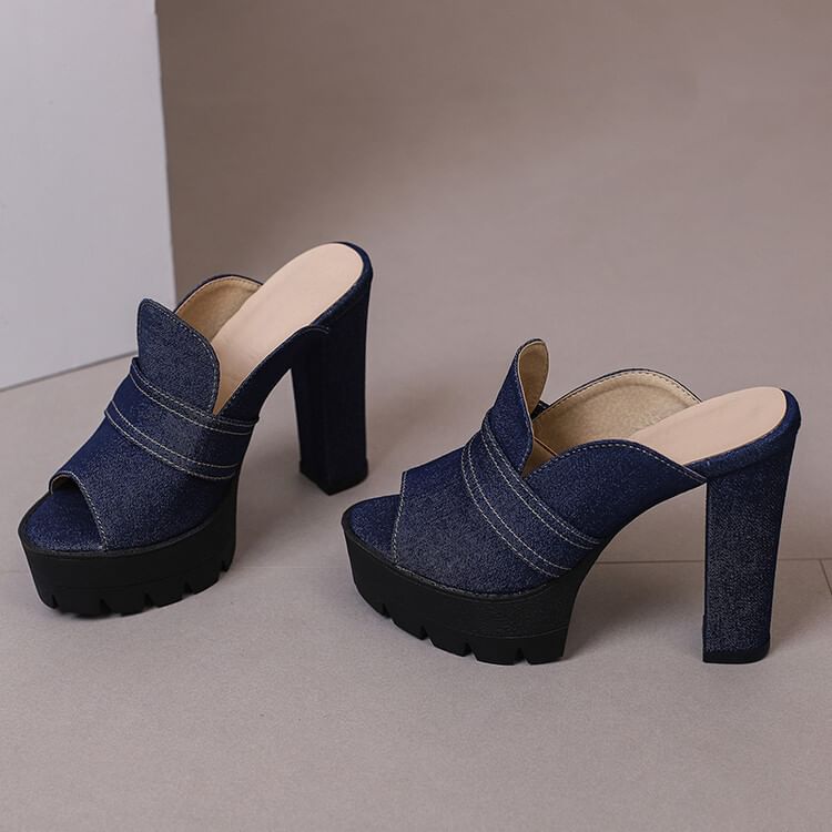 Denim Heel Washed Chunky Sandals
