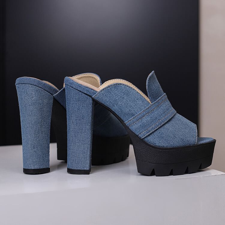 Denim Heel Washed Chunky Sandals
