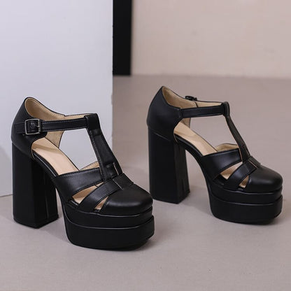 Leather Chunky Sandals Faux Heel Plain Buckled