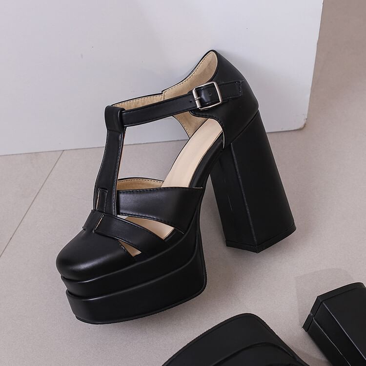 Leather Chunky Sandals Faux Heel Plain Buckled