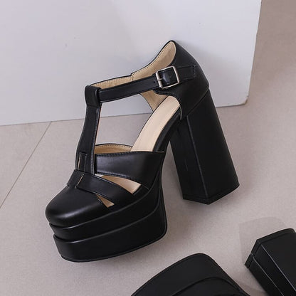 Leather Chunky Sandals Faux Heel Plain Buckled