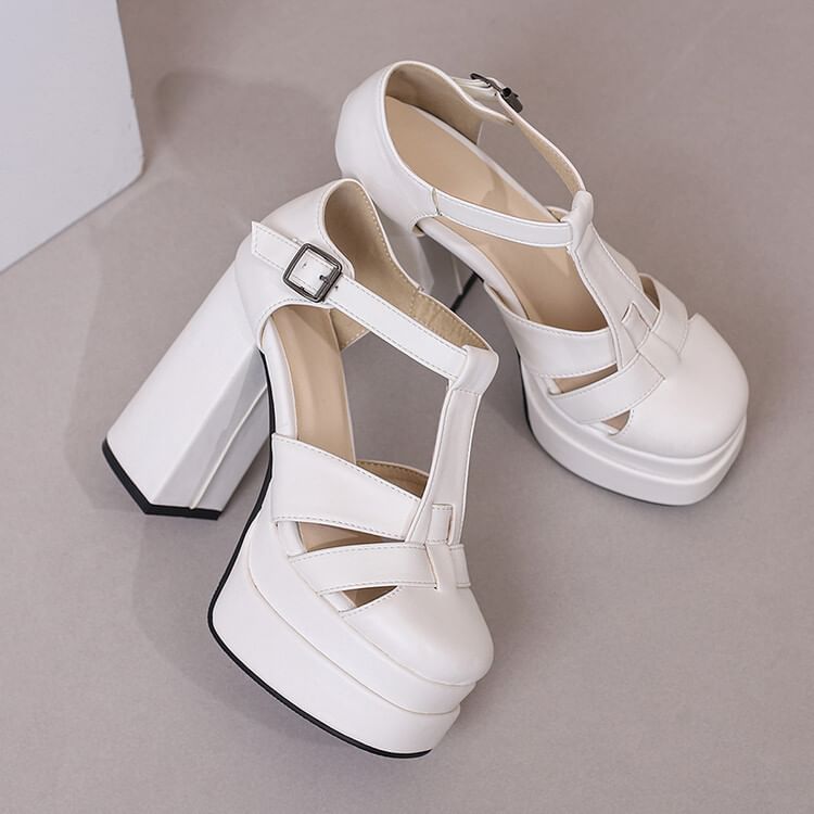 Leather Chunky Sandals Faux Heel Plain Buckled