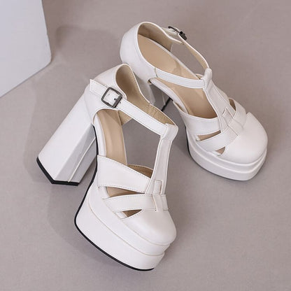 Leather Chunky Sandals Faux Heel Plain Buckled