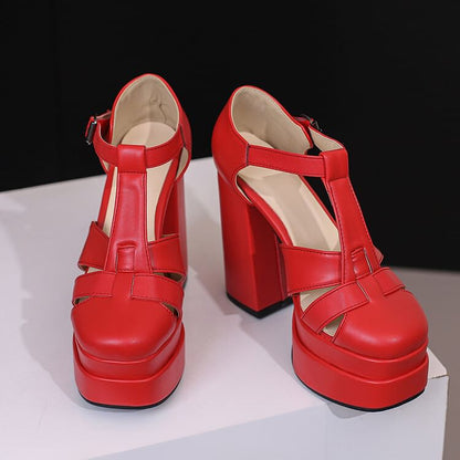 Leather Chunky Sandals Faux Heel Plain Buckled