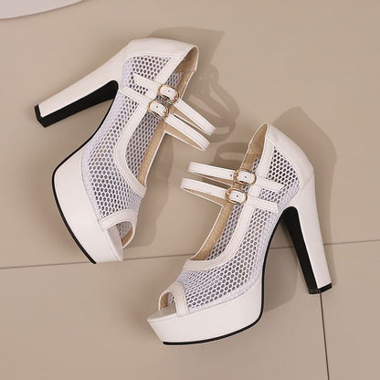 Chunky Heel Peep Toe Mesh Panel Faux Leather Mary Jane Sandals