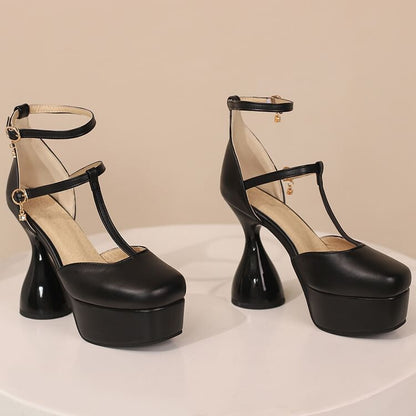 Chunky Heel Ankle Strap Plain Faux Leather D'Orsay Sandals