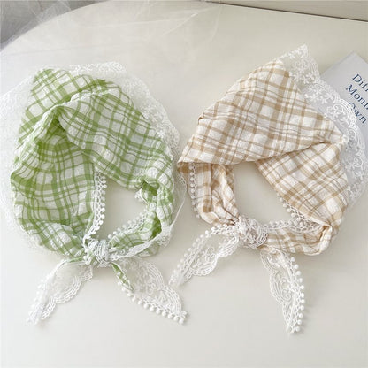 Plaid Lace Trim Headkerchief