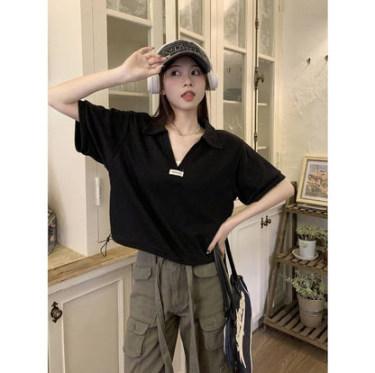 Drawstring Applique Short-Sleeve V-Neck Polo Shirt Hem