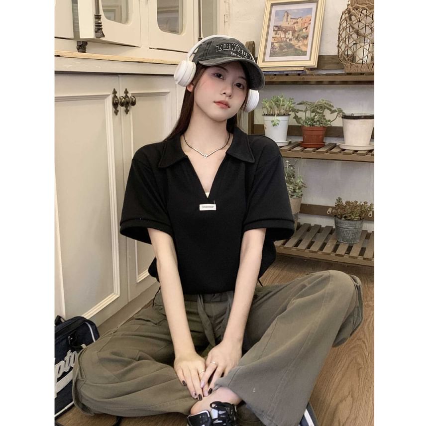 Drawstring Applique Short-Sleeve V-Neck Polo Shirt Hem