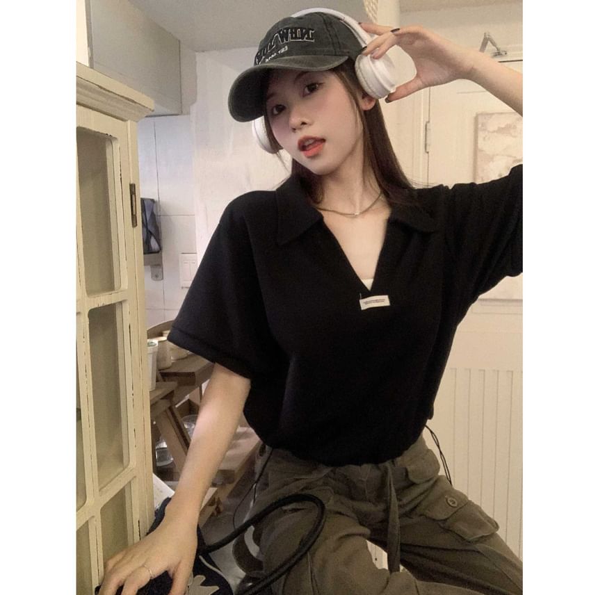 Drawstring Applique Short-Sleeve V-Neck Polo Shirt Hem