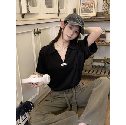 Drawstring Applique Short-Sleeve V-Neck Polo Shirt Hem