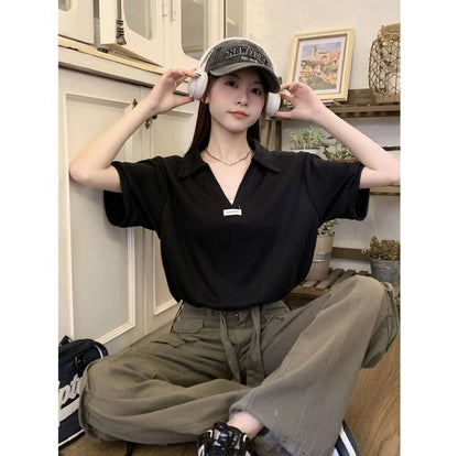 Drawstring Applique Short-Sleeve V-Neck Polo Shirt Hem