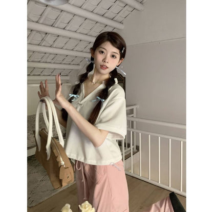 Drawstring Applique Short-Sleeve V-Neck Polo Shirt Hem