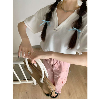 Drawstring Applique Short-Sleeve V-Neck Polo Shirt Hem