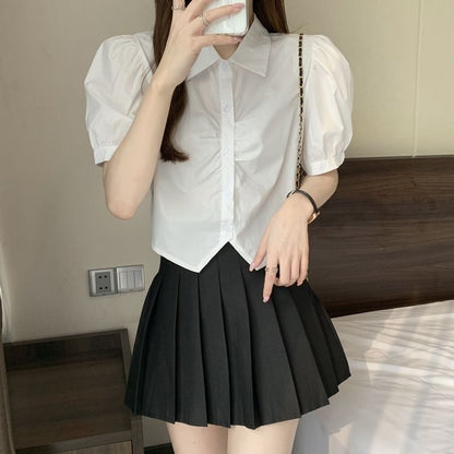 Crop Shirt Plain Short-Sleeve