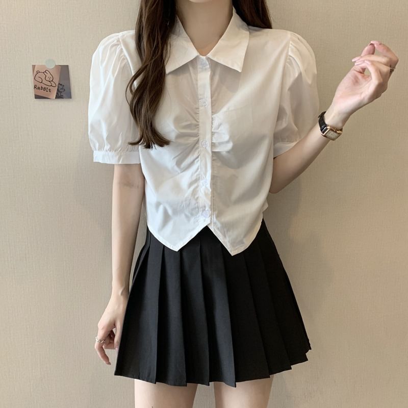 Crop Shirt Plain Short-Sleeve