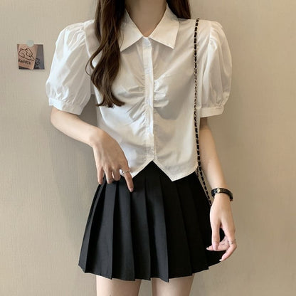 Crop Shirt Plain Short-Sleeve