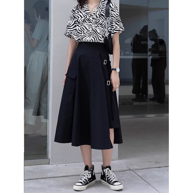 Waist Plain A-Line Midi Skirt Asymmetrical Elastic Buckled Slit