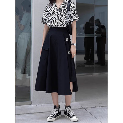 Waist Plain A-Line Midi Skirt Asymmetrical Elastic Buckled Slit