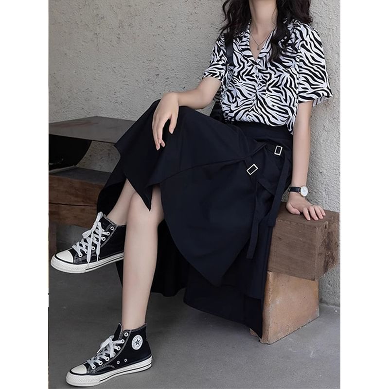 Waist Plain A-Line Midi Skirt Asymmetrical Elastic Buckled Slit