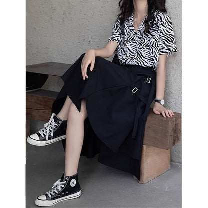 Waist Plain A-Line Midi Skirt Asymmetrical Elastic Buckled Slit