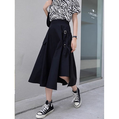 Waist Plain A-Line Midi Skirt Asymmetrical Elastic Buckled Slit