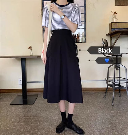 Waist Plain A-Line Midi Skirt Asymmetrical Elastic Buckled Slit