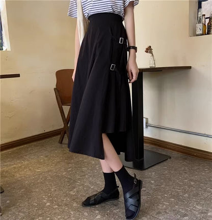 Waist Plain A-Line Midi Skirt Asymmetrical Elastic Buckled Slit