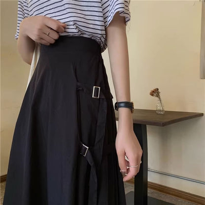 Waist Plain A-Line Midi Skirt Asymmetrical Elastic Buckled Slit