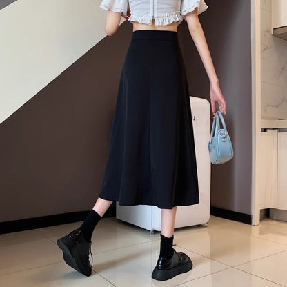 Waist Plain A-Line Midi Skirt Asymmetrical Elastic Buckled Slit