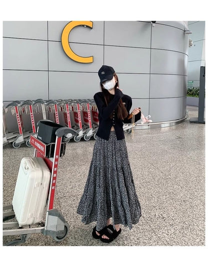 Elastic Midi Skirt Floral Waist A-Line