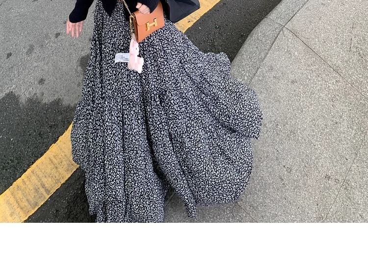 Elastic Midi Skirt Floral Waist A-Line