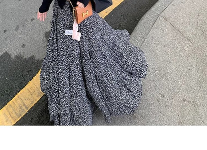 Elastic Midi Skirt Floral Waist A-Line