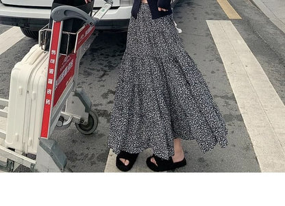 Elastic Midi Skirt Floral Waist A-Line