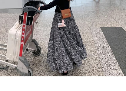 Elastic Midi Skirt Floral Waist A-Line