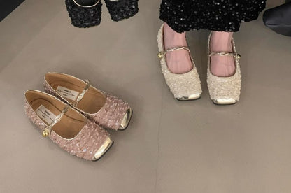 Square-Toe Sequined Mary Jane Shoes