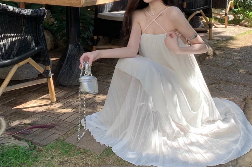 Spaghetti Plain Midi Dress Strap Pleated