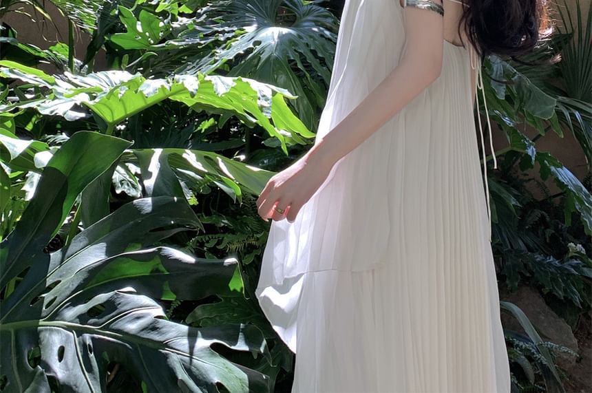 Spaghetti Plain Midi Dress Strap Pleated