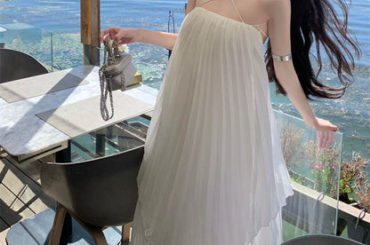 Spaghetti Plain Midi Dress Strap Pleated