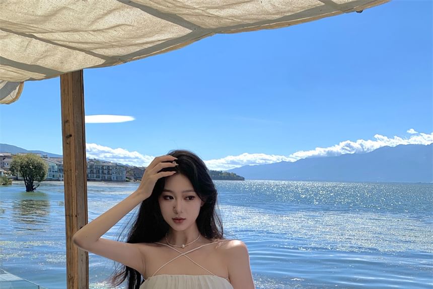 Spaghetti Plain Midi Dress Strap Pleated