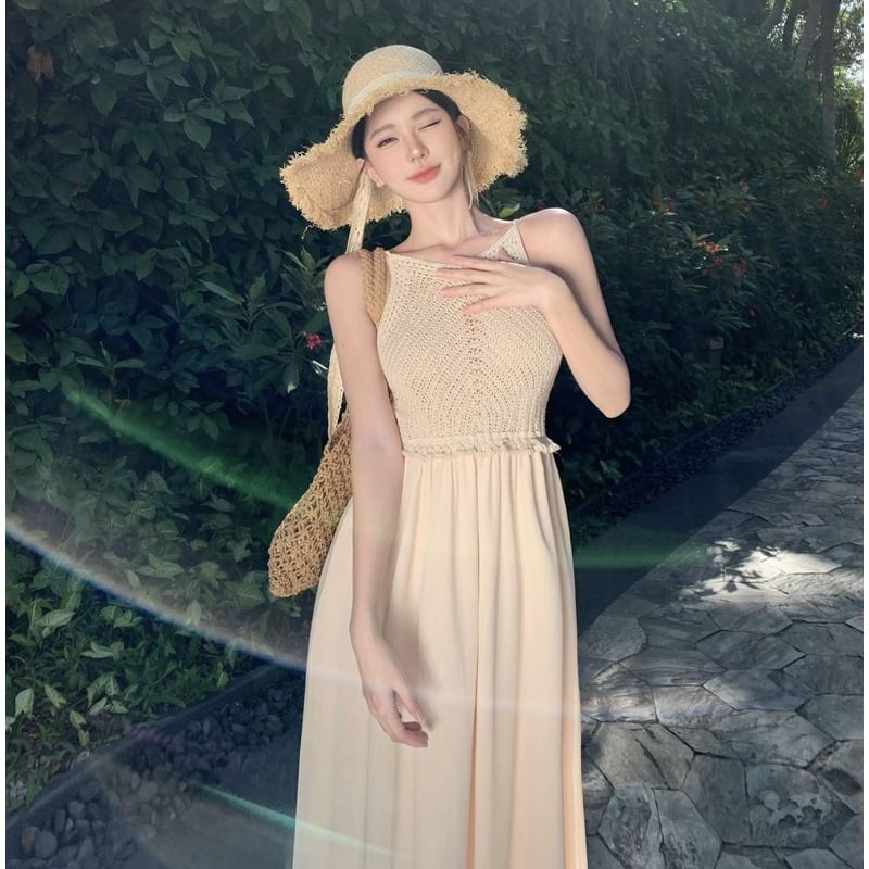 Spaghetti Plain Dress Panel A-Line Maxi Strap Knit