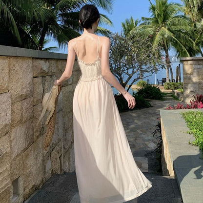 Spaghetti Plain Dress Panel A-Line Maxi Strap Knit