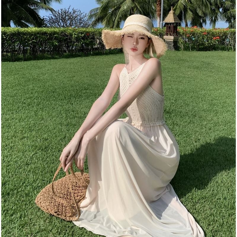 Spaghetti Plain Dress Panel A-Line Maxi Strap Knit