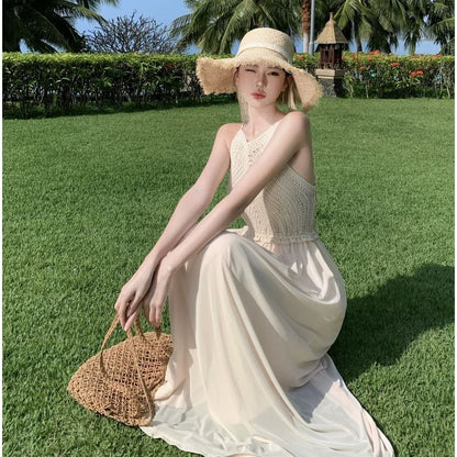 Spaghetti Plain Dress Panel A-Line Maxi Strap Knit