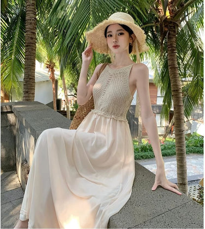 Spaghetti Plain Dress Panel A-Line Maxi Strap Knit