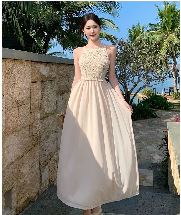 Spaghetti Plain Dress Panel A-Line Maxi Strap Knit