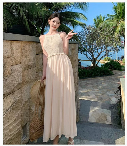 Spaghetti Plain Dress Panel A-Line Maxi Strap Knit